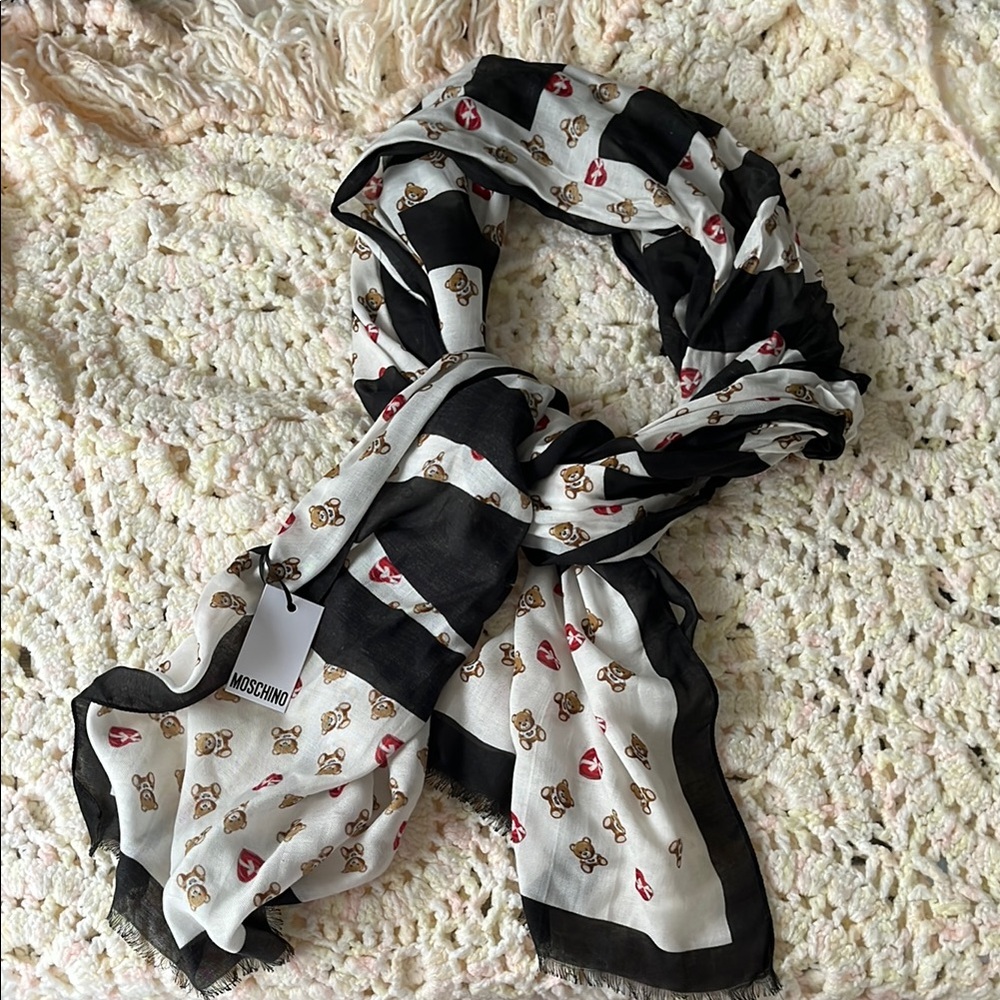 Moschino Black and White Scarf with Red Accents